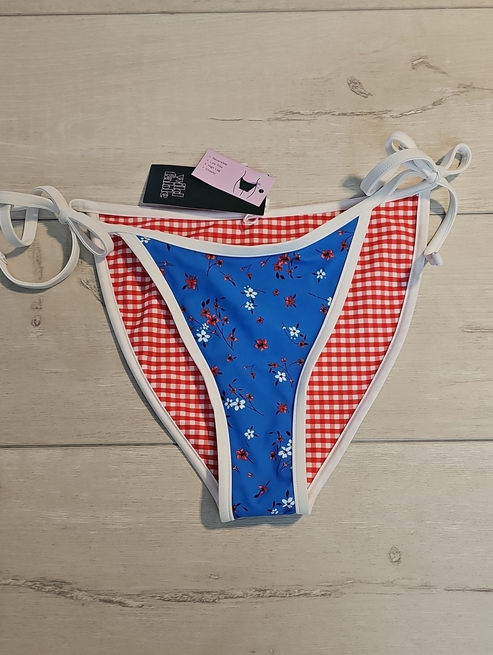 Wild Fable Women's S REVERSIBLE Blue Floral & Red Gingham Triangle Bikini Bottom